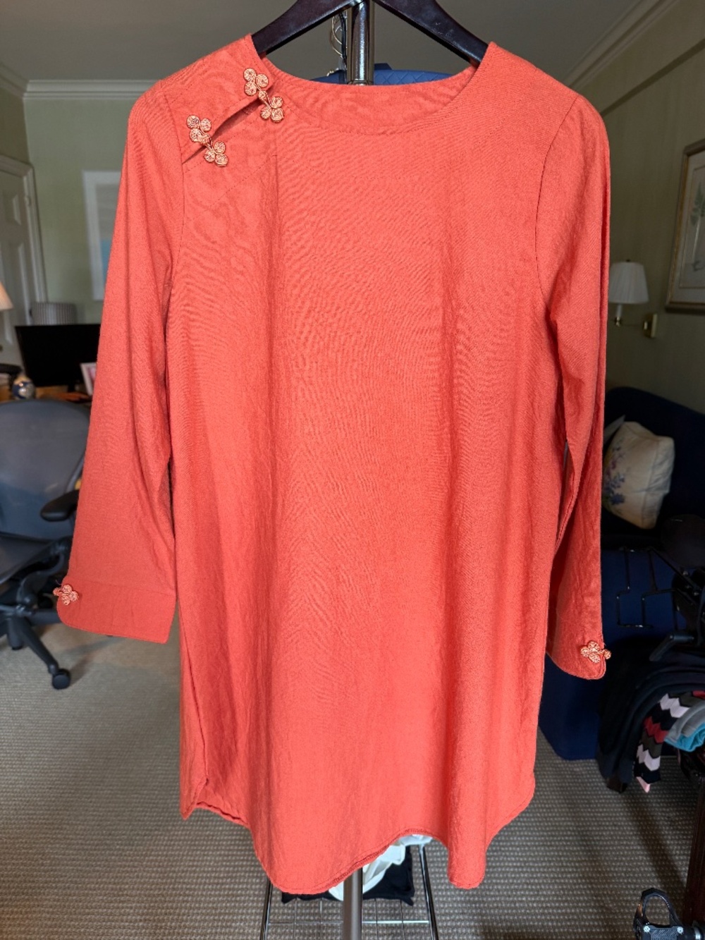 Vintage Coral Linen Blend Tunic Top Frog Closure Asian Inspired Size Large